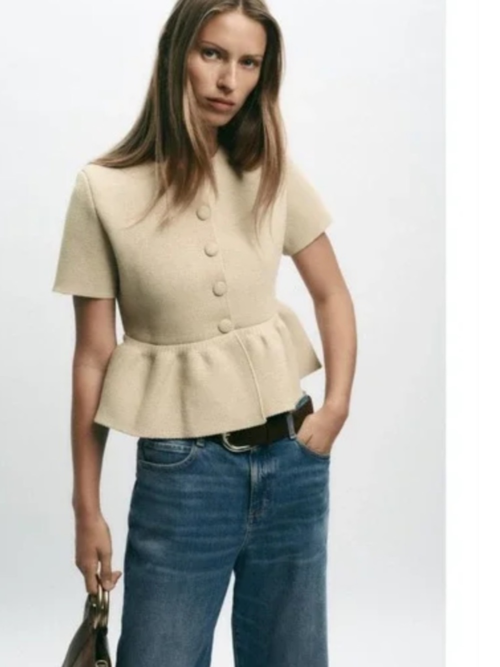 Zara Beige Knit Button-Front Peplum Top